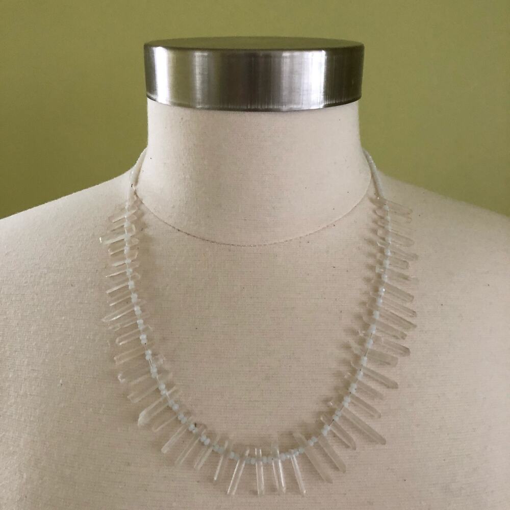 Delicate Rough Crystal White Beaded Handmade Necklace Boho Festival Resort 23"L